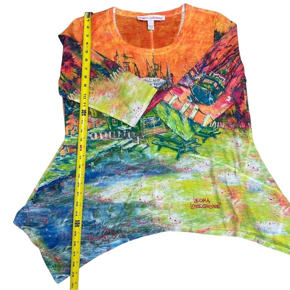 Leoma Lovegrove Colorful Tunic Top 3/4 SLV Asymmetrical Hem Large Maximalist EUC - Picture 5 of 6